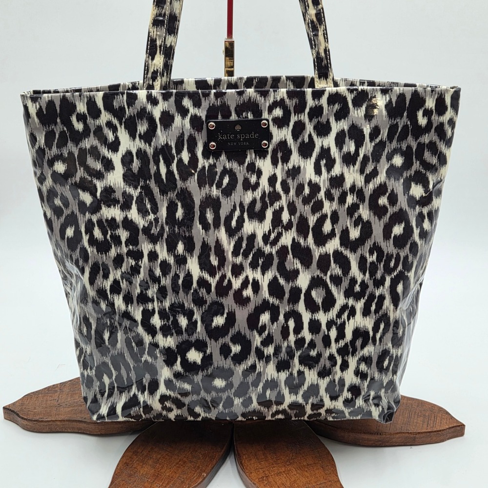 Kate Spade Women Large Vinyl Tote Bag Leopard Animal Print Black White